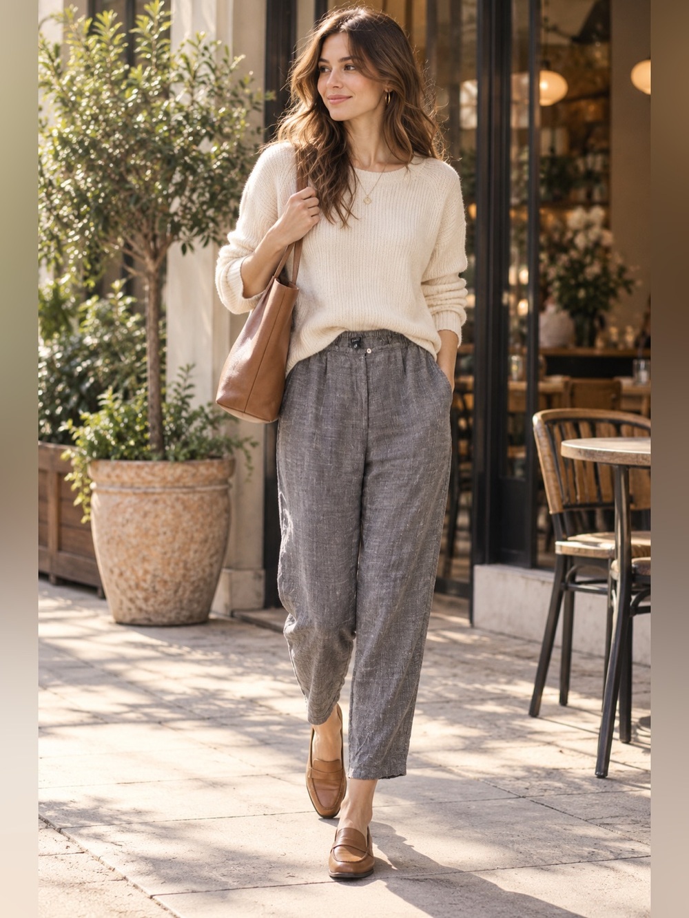 Eileen Fisher Gray Linen Viscose Relaxed Ankle Pants